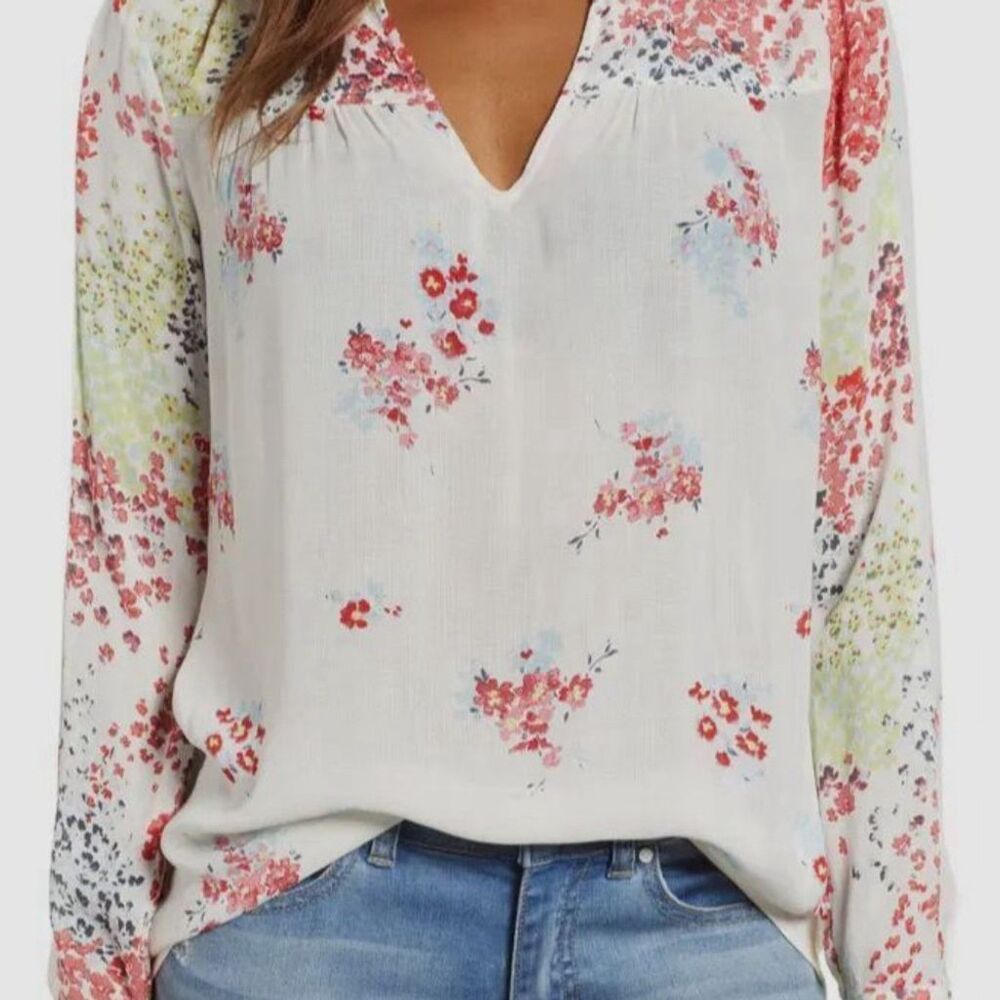 Lucky Brand Women's Floral V-Neck Peasant Blouse Size S Standard Multicolor